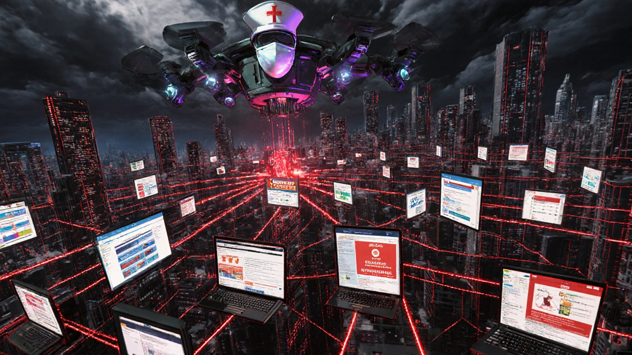 A dystopian city connected by glowing wires of fake online pharmacies, monitored by a drone with a pharmacist mask.