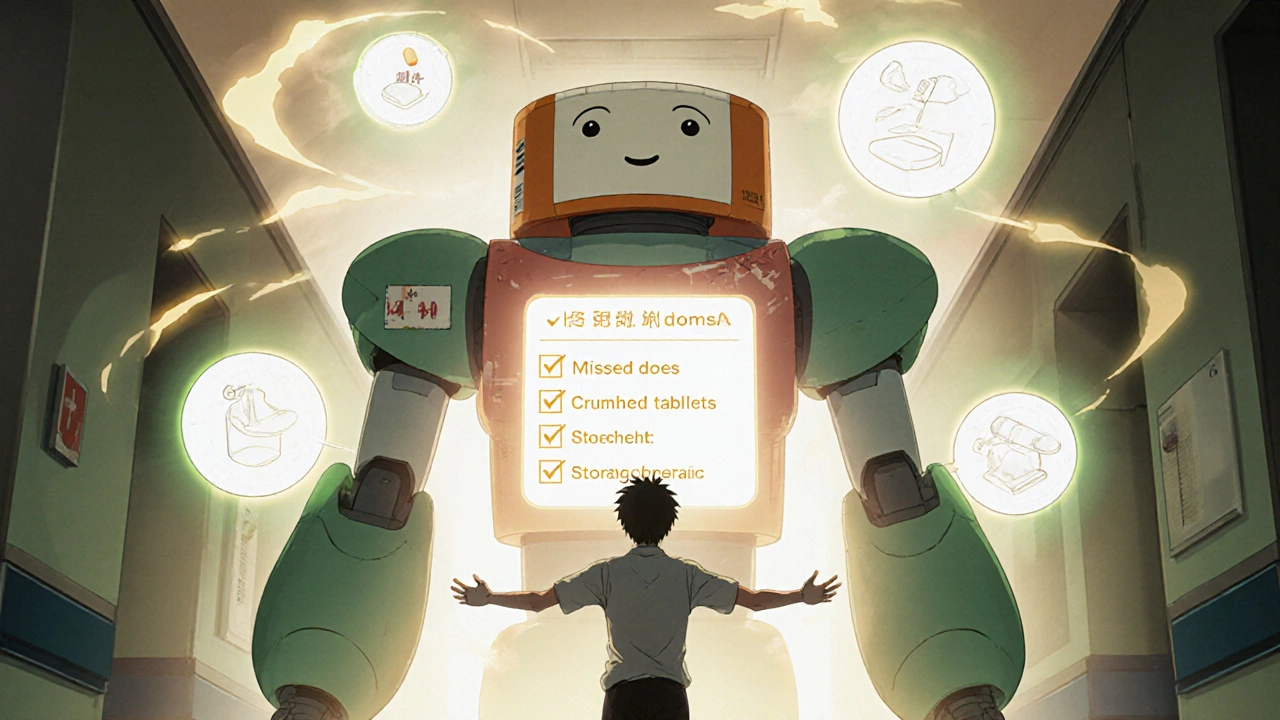 A giant pill-shaped mecha glows with safety checkmarks as a patient repeats medication instructions.