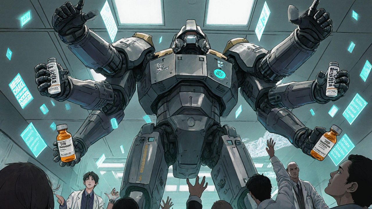 A massive EHR machine offering conflicting drug prescriptions to hesitant doctors and reaching patients in a hospital under falling cost alerts.