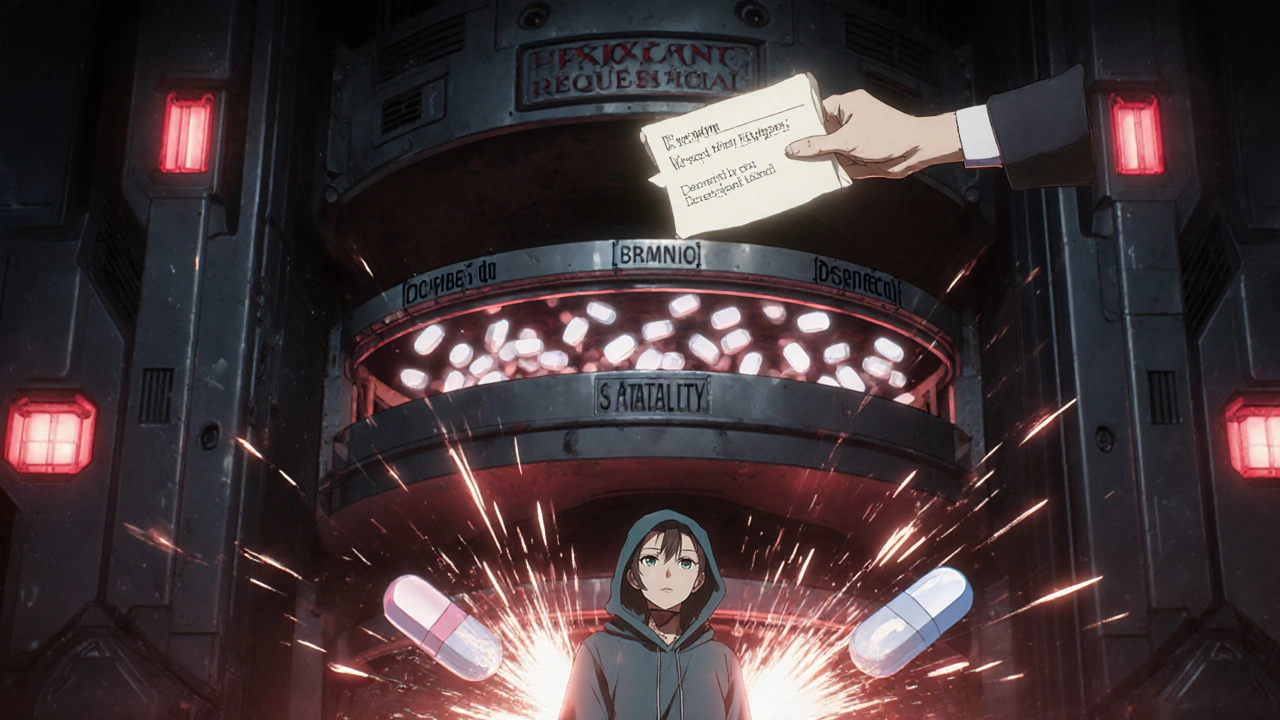 A mechanized step-therapy machine with three drug tiers, failing pills exploding behind a patient as a doctor offers an exception.