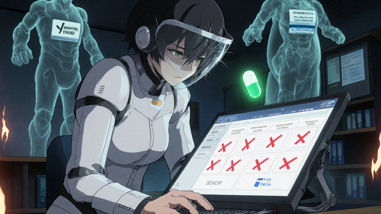 A medical student in a mech suit struggling with a drug pricing quiz, surrounded by ghostly expensive drug monsters and a glowing generic pill.