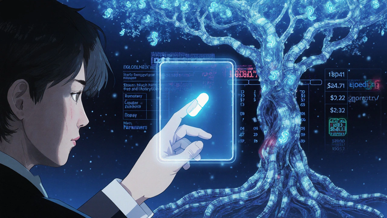 A patient reaching for a glowing generic pill as a mechanical AI manipulates a formulary tree of rebates and copays.