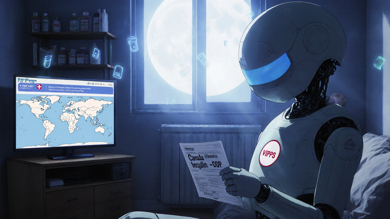 A patient receives insulin from a VIPPS-certified courier robot in a moonlit apartment.