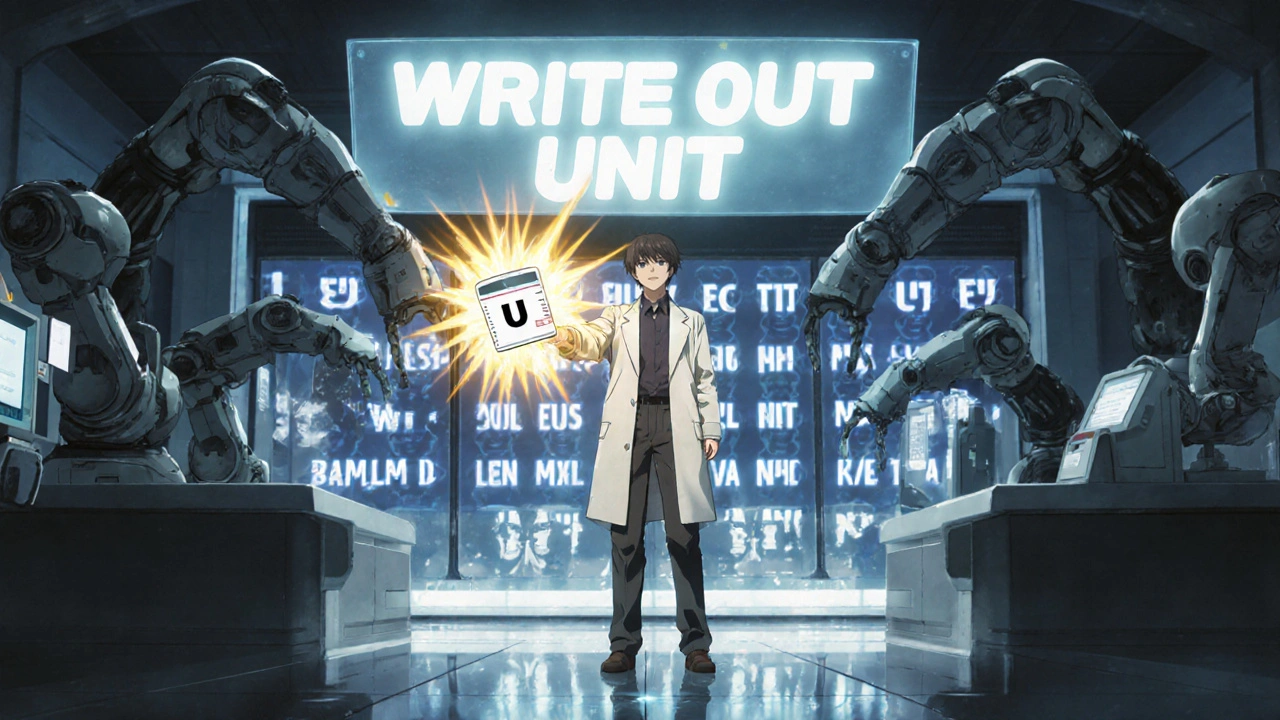 A patient stops robotic dispensers with a golden pulse as a hologram demands &#039;WRITE OUT UNIT&#039; in a futuristic pharmacy.