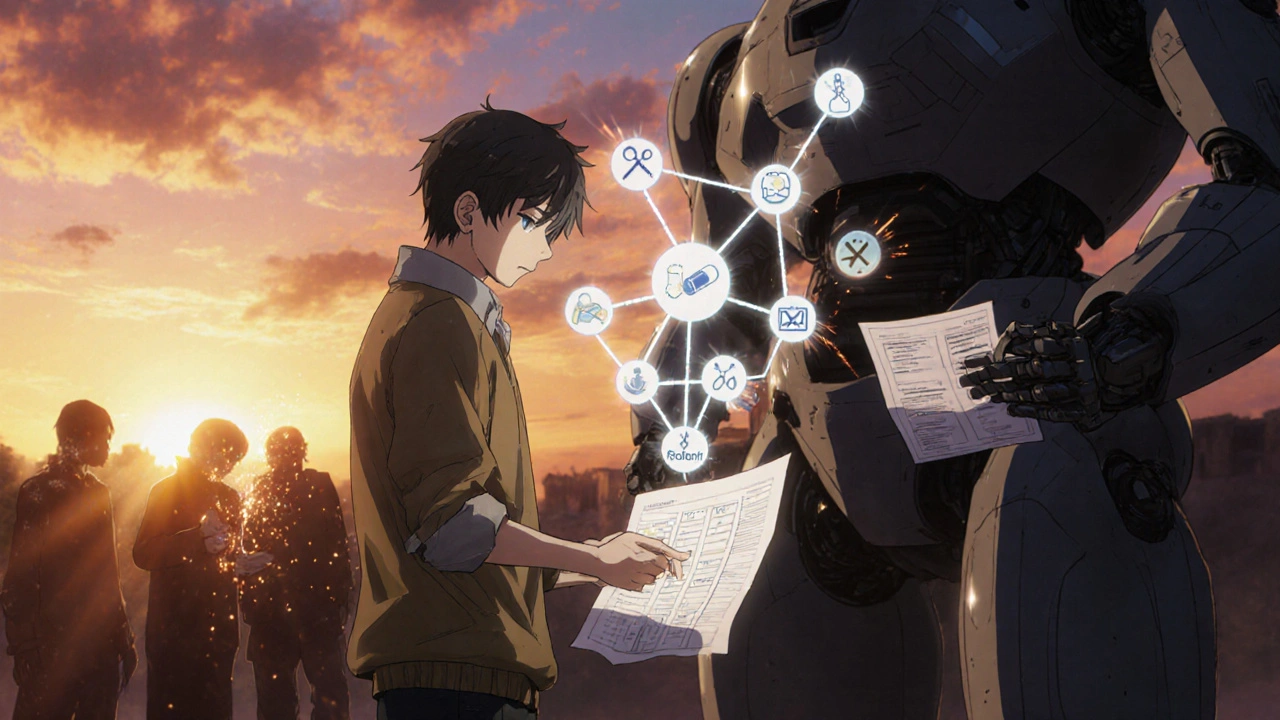 A patient watches a paper medication plan transform into a glowing life map as shadowy confusion fades away.