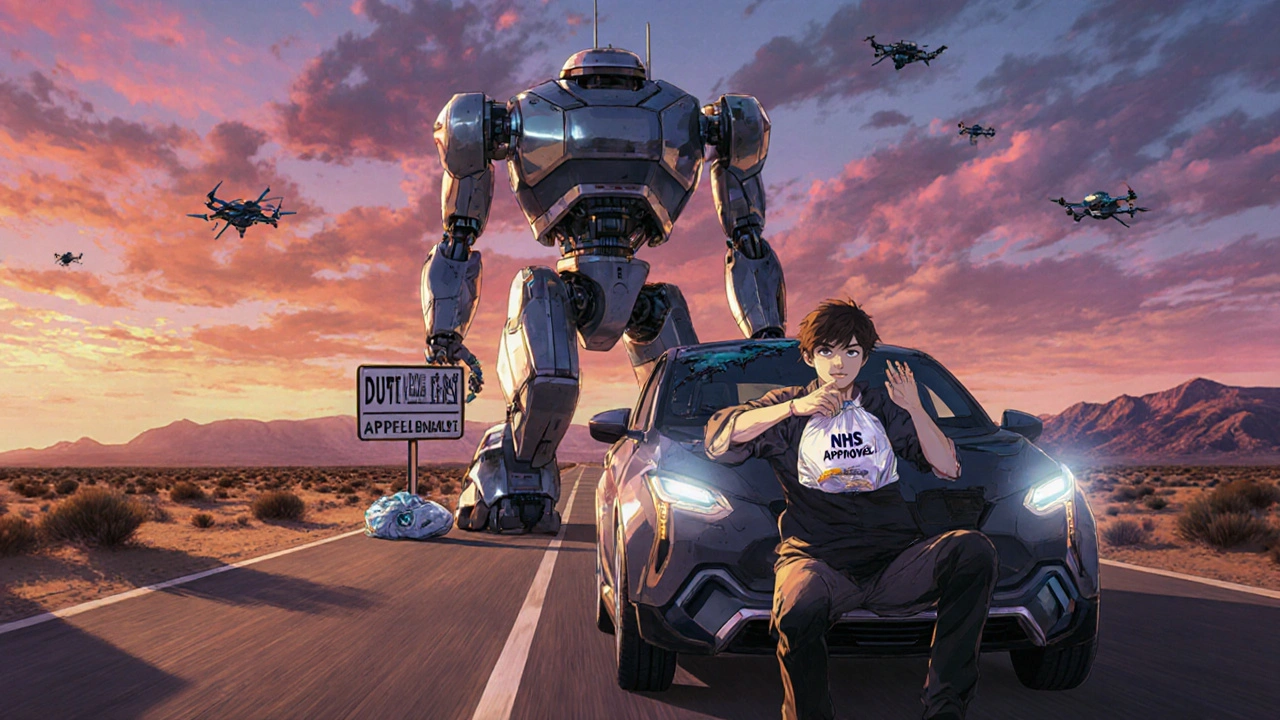 A person crosses the U.S.-Mexico border by car with medication, passing a deactivated customs robot.