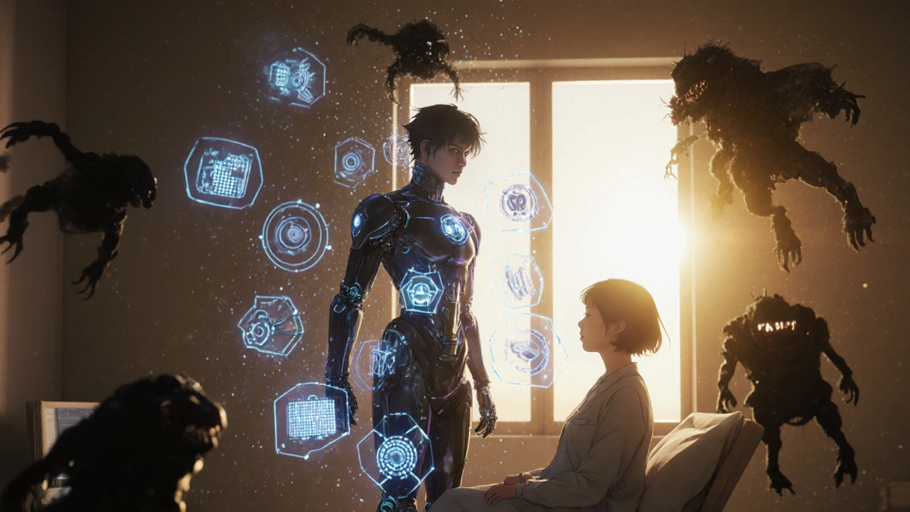 A person in a cyber-exosuit with CBT tools activated, facing shadowy anxiety monsters dissolving into light.