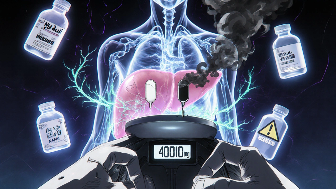 A robotic hand placing pills on a scale as a damaged liver is attacked by black smoke tendrils.