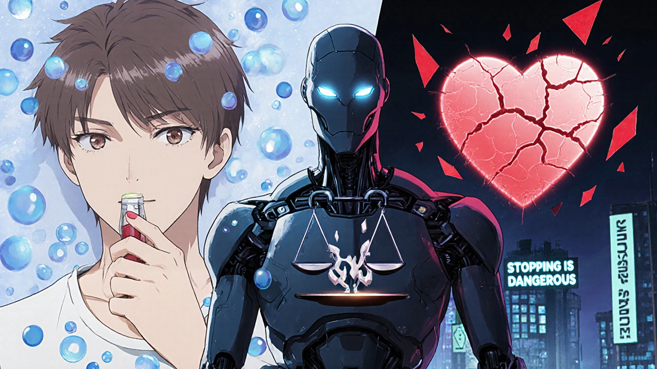 A split-panel anime illustration showing safe blood flow versus dangerous clots, with a robotic surgeon balancing a facelift tool against a stroke symbol.