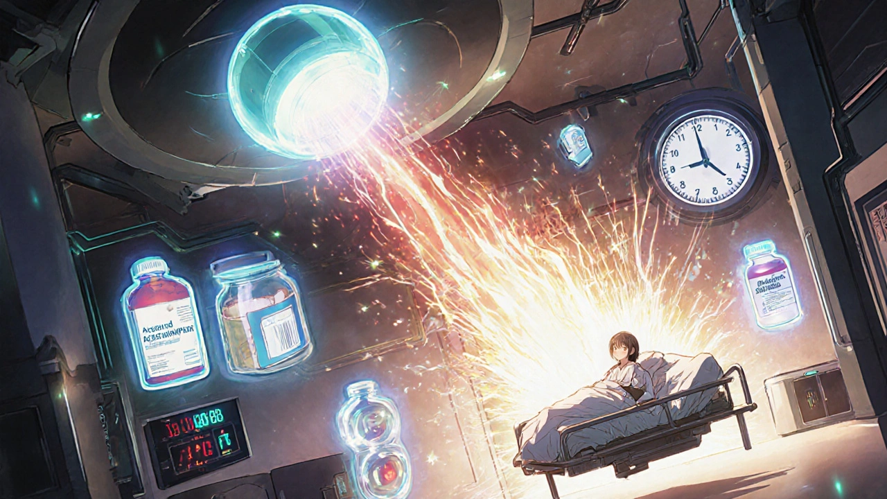 An antidote capsule restores a fractured liver in an emergency room with exploding medicine holograms.