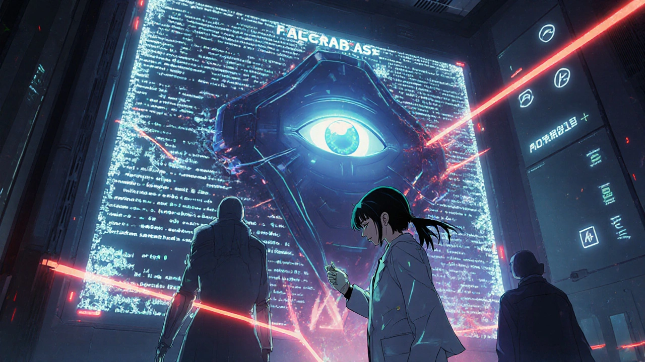 Digital data server core with fading audit trails, an FDA AI avatar scanning corrupted records, and a desperate engineer reaching for the terminal.