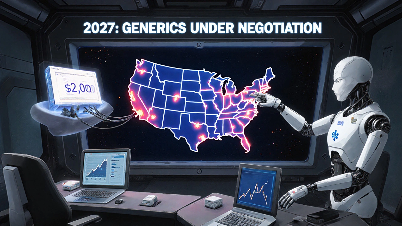 Futuristic FDA control room with holographic U.S. price map and Medicare negotiating with a corporate AI.