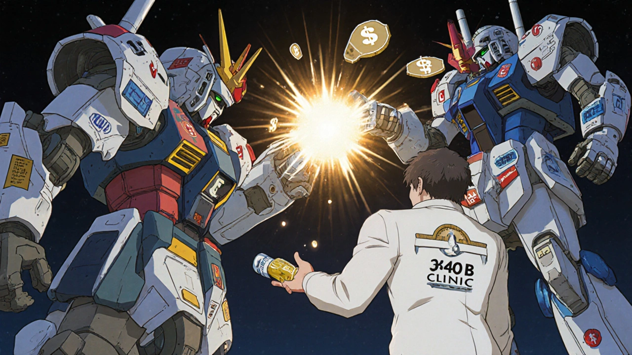 Giant robot drug makers fighting while a smaller 340B clinic mech distributes discounted insulin to patients.