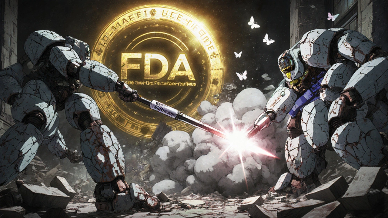 Hero with EpiPen lance fighting toxic medication drones in a ruined pharmacy, hologram of FDA program glowing behind.