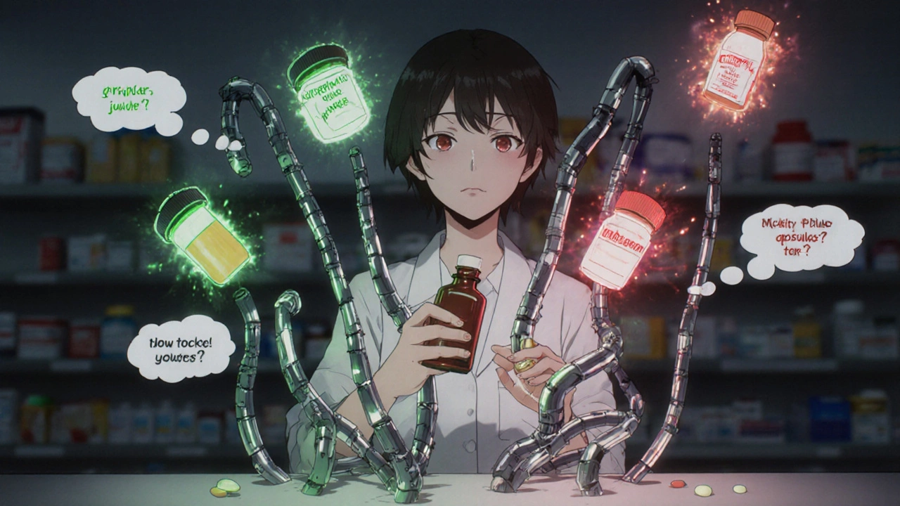 Mechanical tendrils reveal dangerous drug interactions as a woman holds a pill bottle in a neon-lit pharmacy.