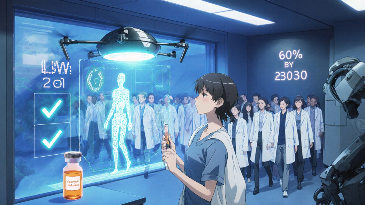 Patient receiving a glowing genetic scan in a futuristic clinic with dose recommendations projected in real-time.