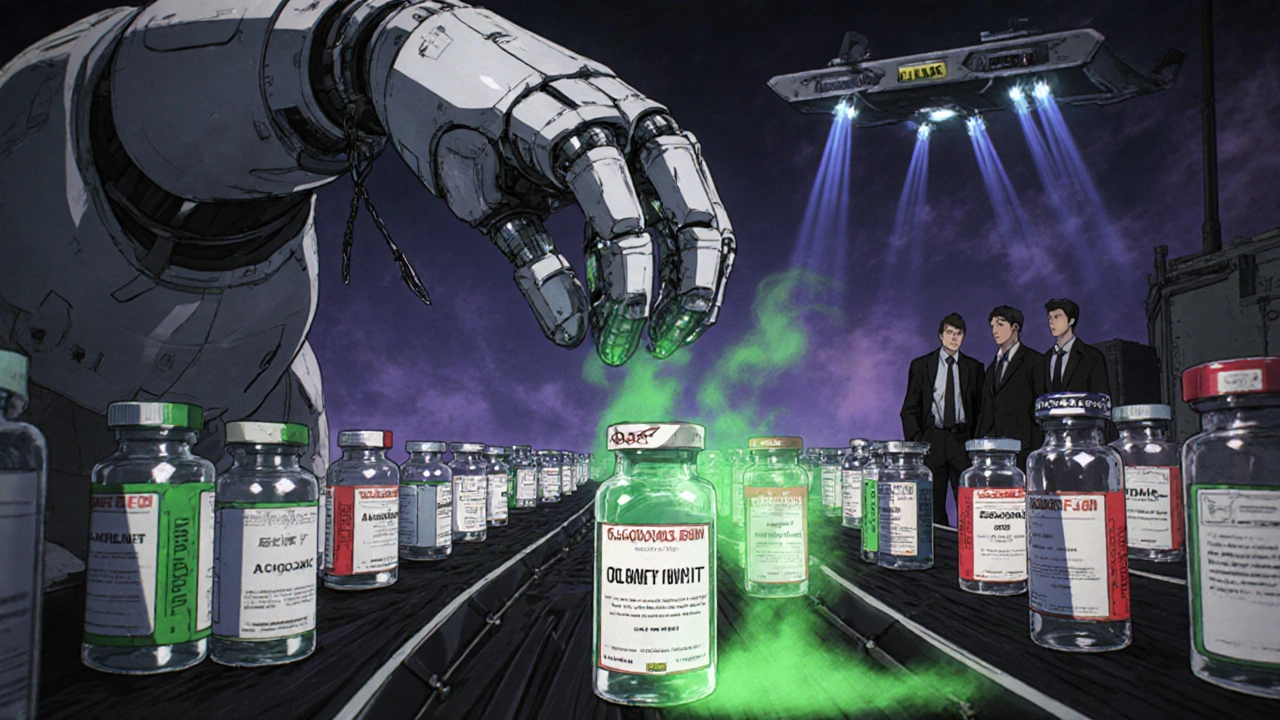 Pharmaceutical vials on a conveyor belt, one leaking toxic substance, while a chained Quality Unit arm is silenced by production managers.