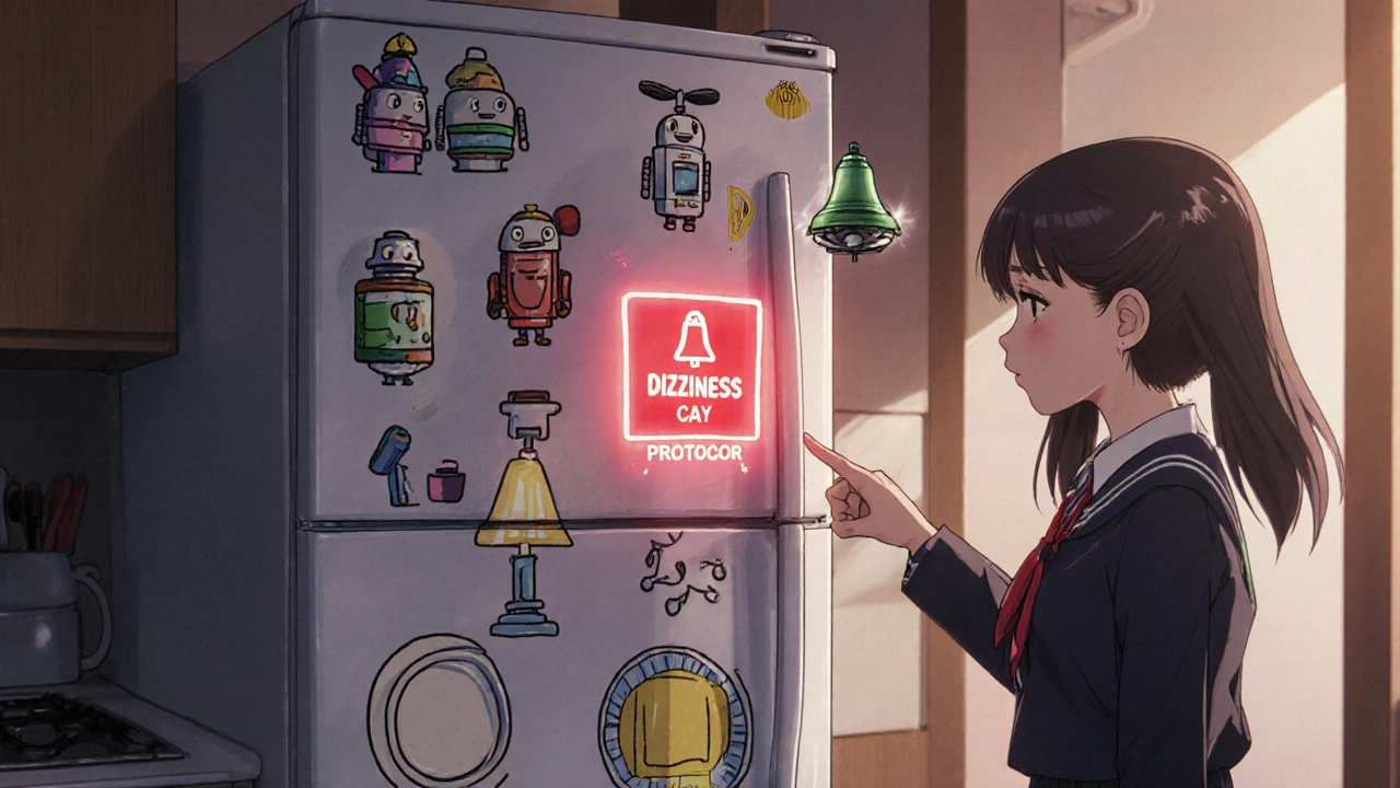 Refrigerator covered in visual pill reminders with icons for coffee, lunch, and bedtime, and a hovering inhaler drone.