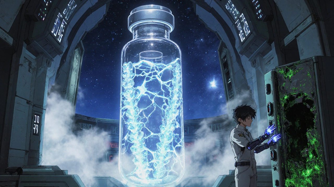 Robotic insulin vial in a cryo-chamber temple, with a medic adjusting controls as a broken fridge leaks decay.