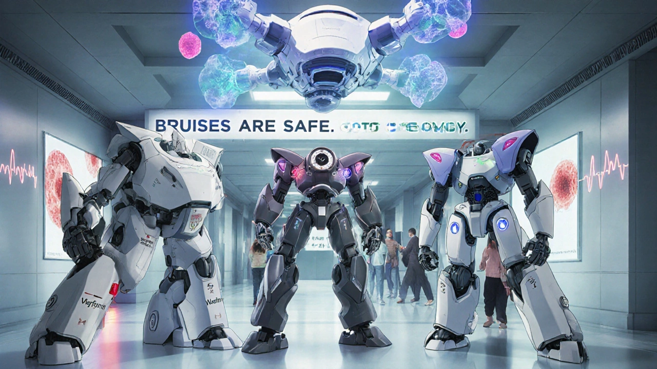 Three anime-style medical mechs representing different blood thinners, inspected by a diagnostic drone in a high-tech clinic hallway.