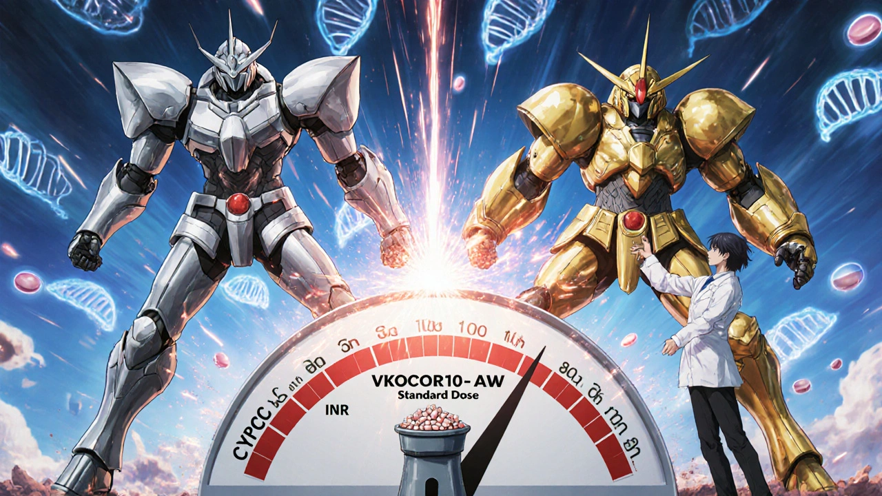 Two armored genetic variant warriors battling on a tipping INR scale under a stormy sky.