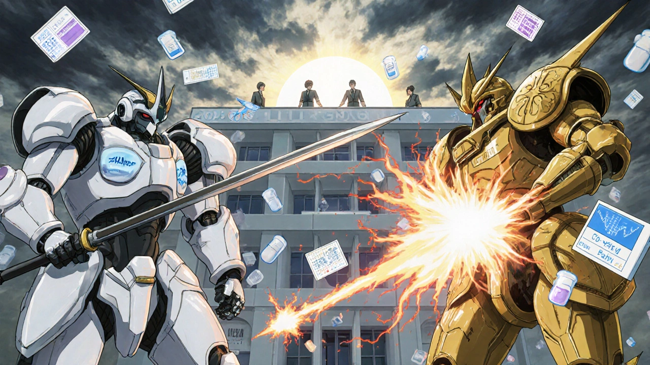 Two robotic pharmacists battle—one representing generics, the other brands—amid floating medical symbols and savings charts.