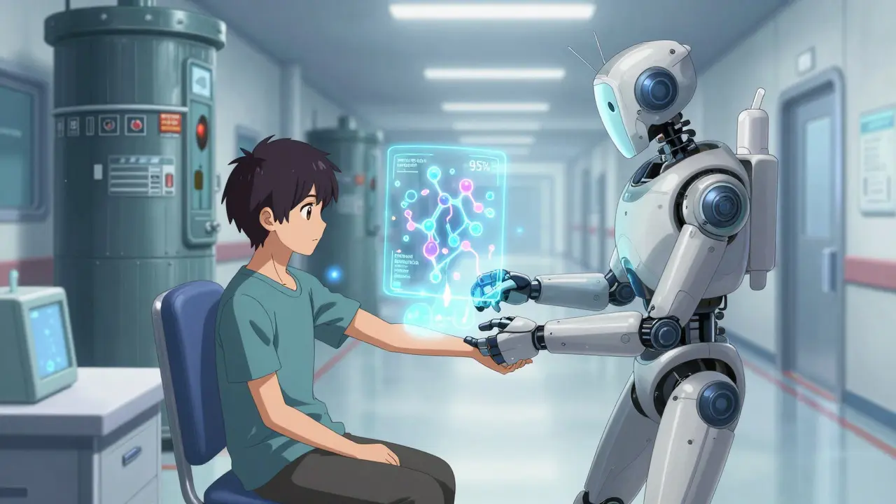 A diagnostic mech scanning a patient, projecting a hologram of dissolving allergy labels in a futuristic clinic.