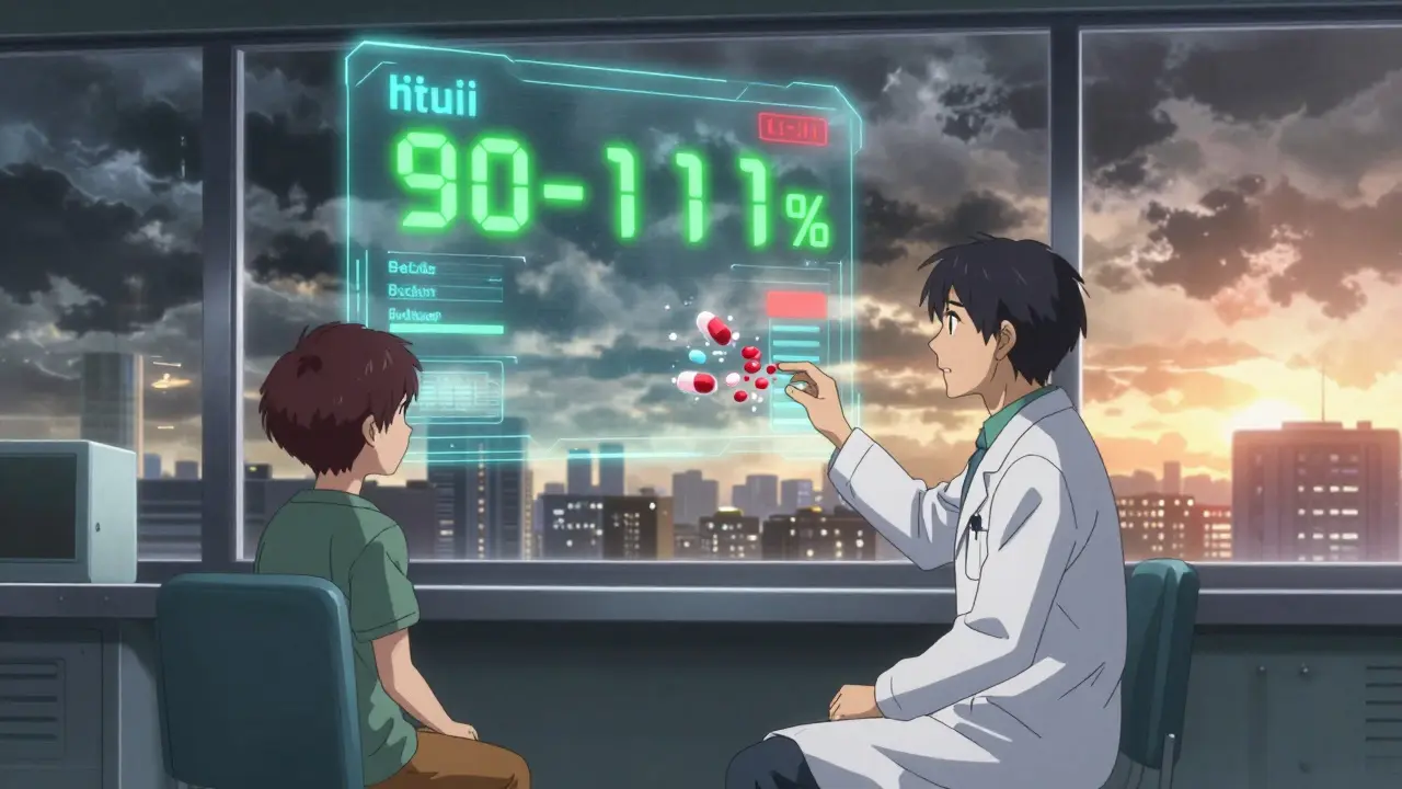 A doctor and patient view a hologram of blood levels as a generic pill breaks into beads, warning lights flashing.