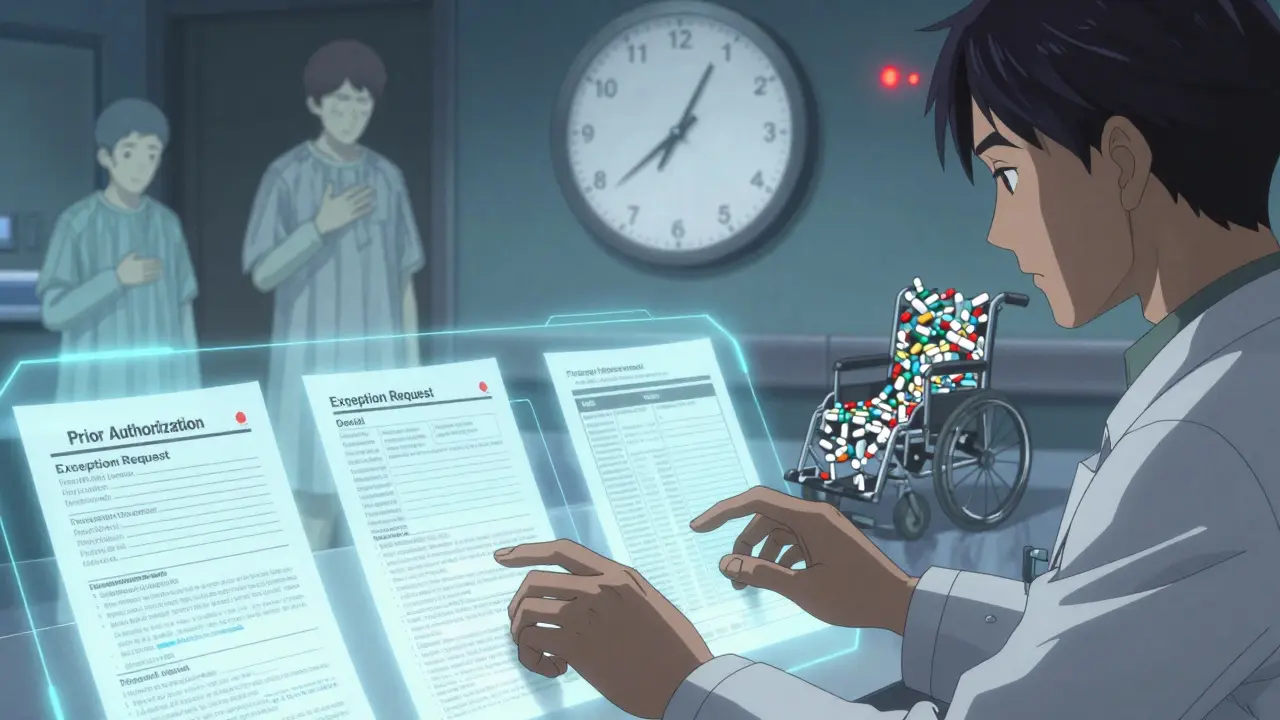 A doctor overwhelmed by digital paperwork and fading patients, under a countdown clock showing delayed approval.