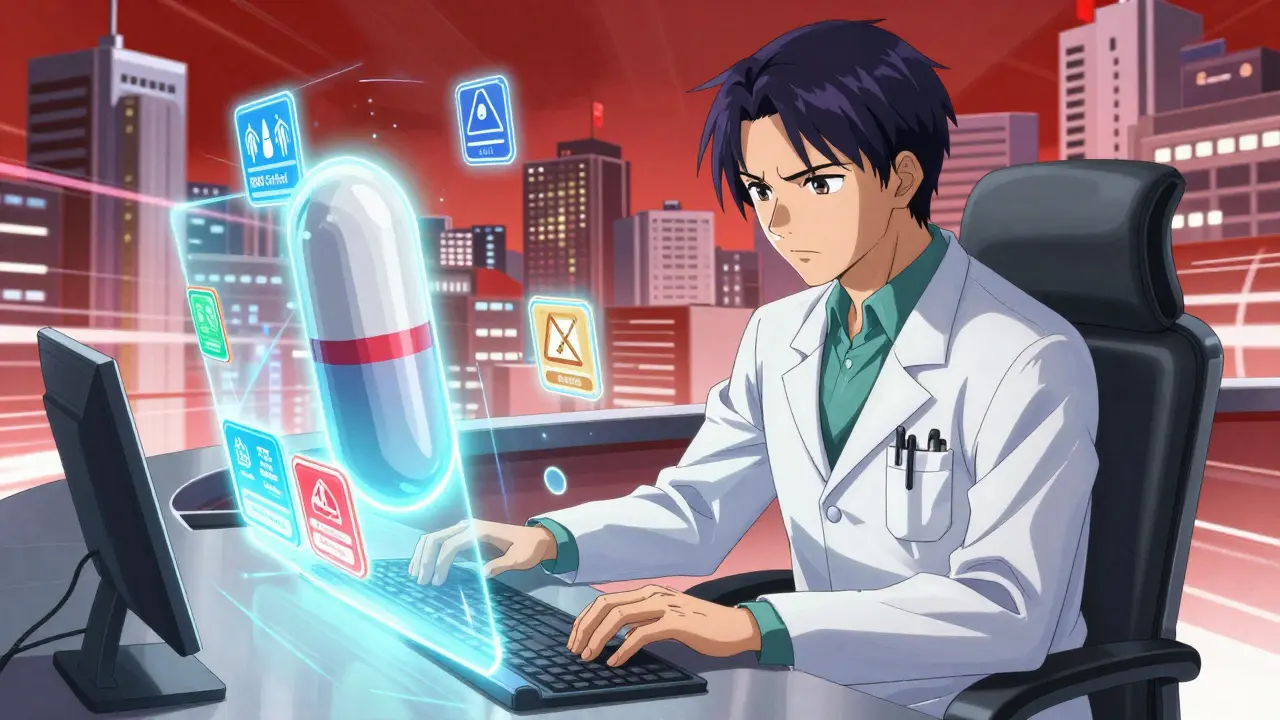 A doctor receiving glowing REMS certification badges while a dangerous drug model hovers above.