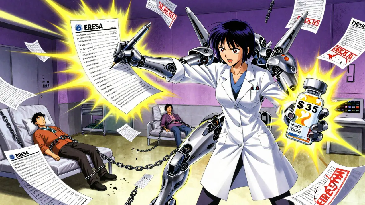 A doctor-warrior writing medical records in the air as patients break free from insurance chains.