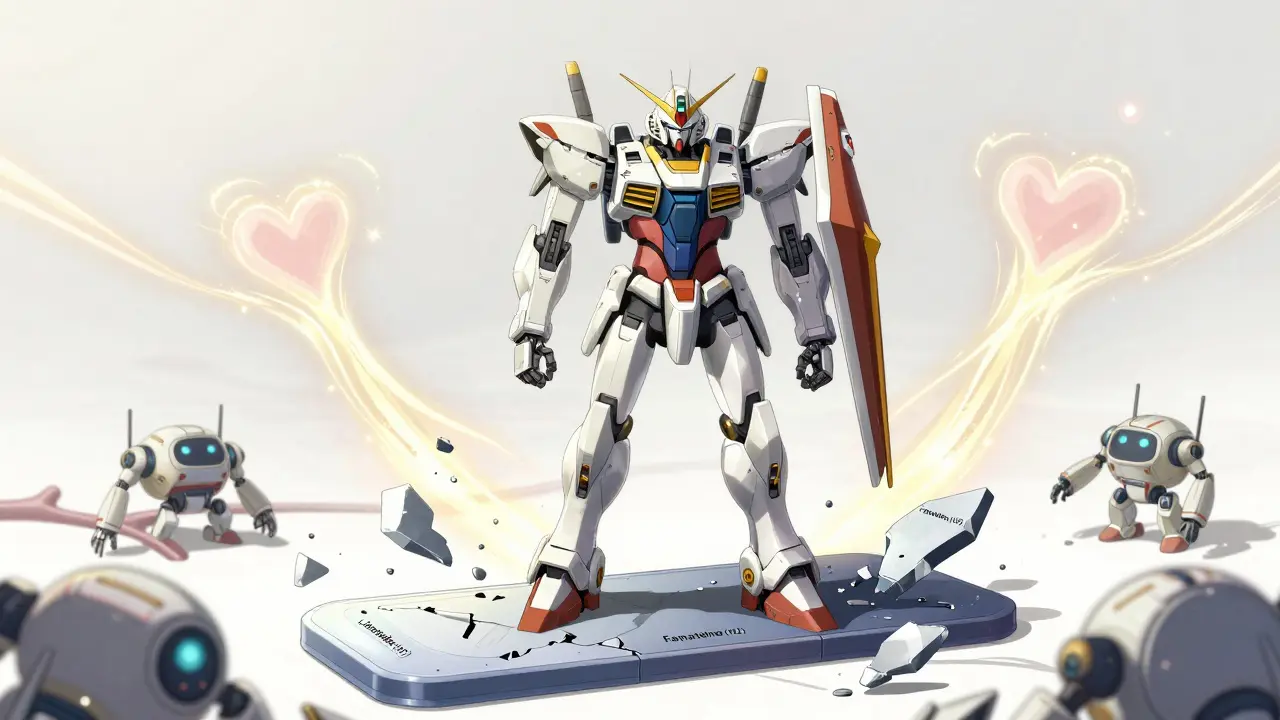 A dual-core mecha unit combining H1 and H2 blockers, standing atop a tablet platform as broken old meds lie shattered.