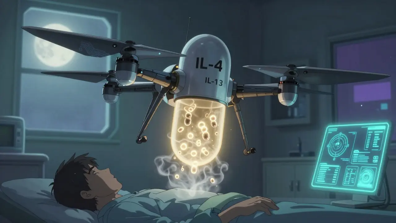 A futuristic pill-drone emitting calming molecules over a patient at night.