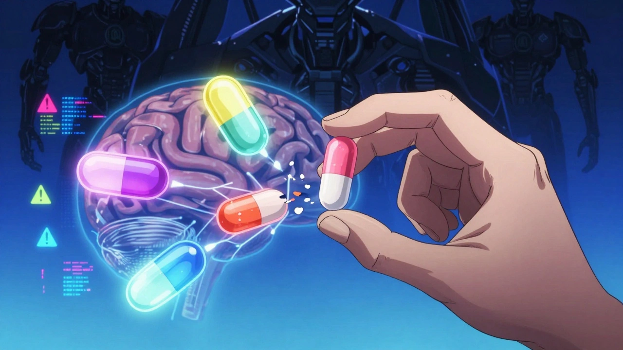 A hand holds one pill that splits into four floating versions with glowing neural connections to a brain.