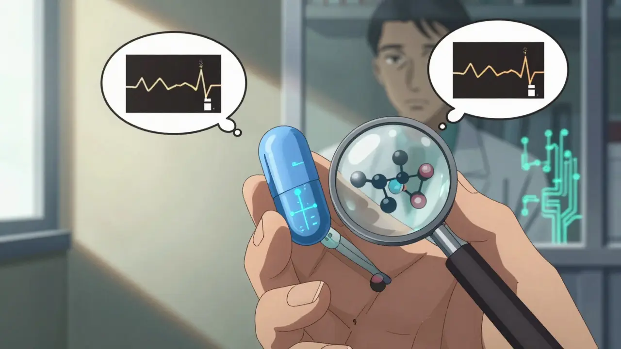 A hand holds two pills side by side as robotic lenses reveal their identical internal structures.