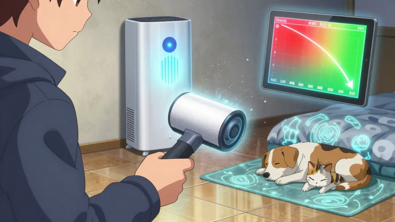 A hand using a high-tech lint roller to remove dander from a jacket, with an air purifier displaying falling allergen levels in the background.