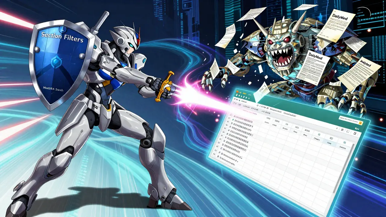 A heroic AI robot battles a chaotic PDF monster using precise search filters and MedDRA terms.