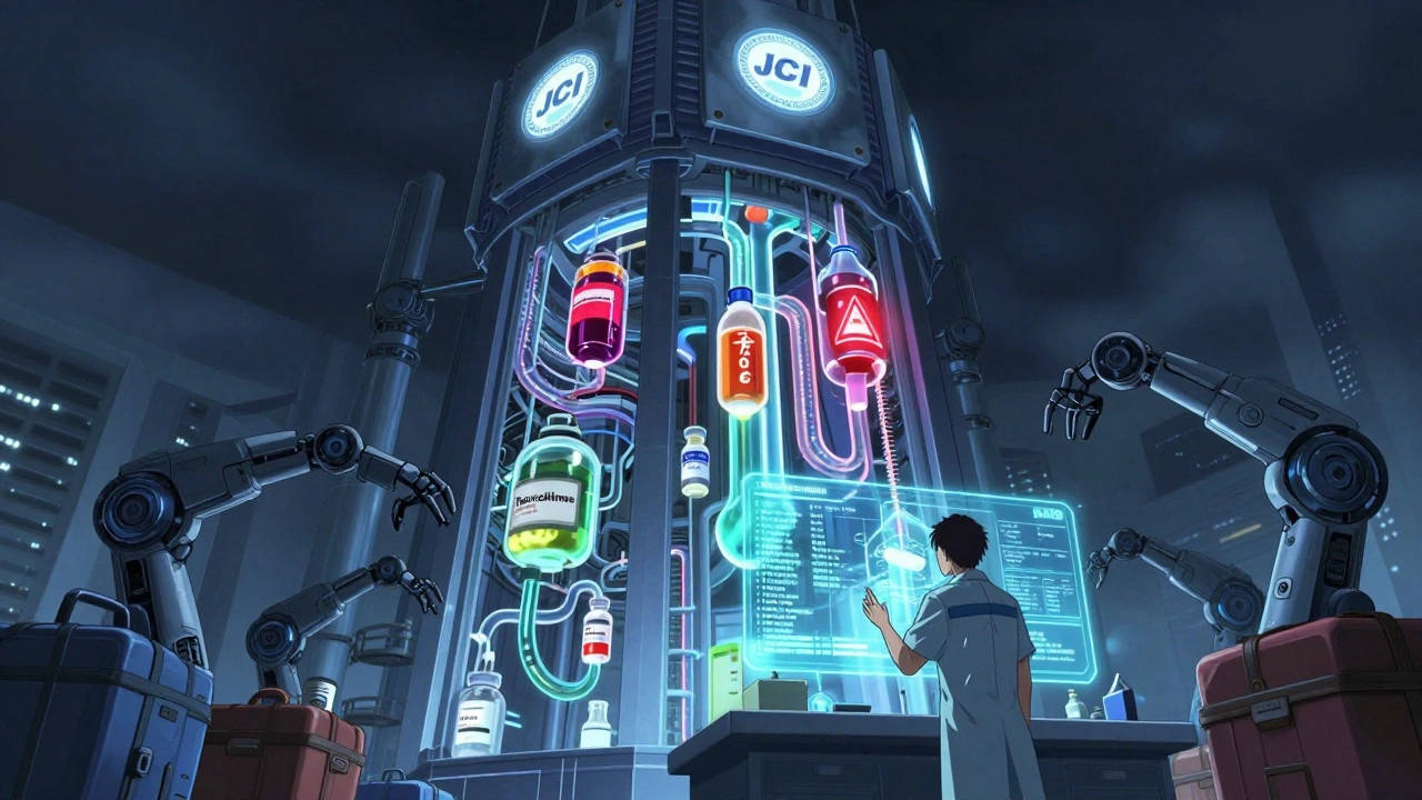 A high-tech hospital tower with glowing pipelines of unstable medications, a doctor trying to reconcile foreign drug data with home country standards.