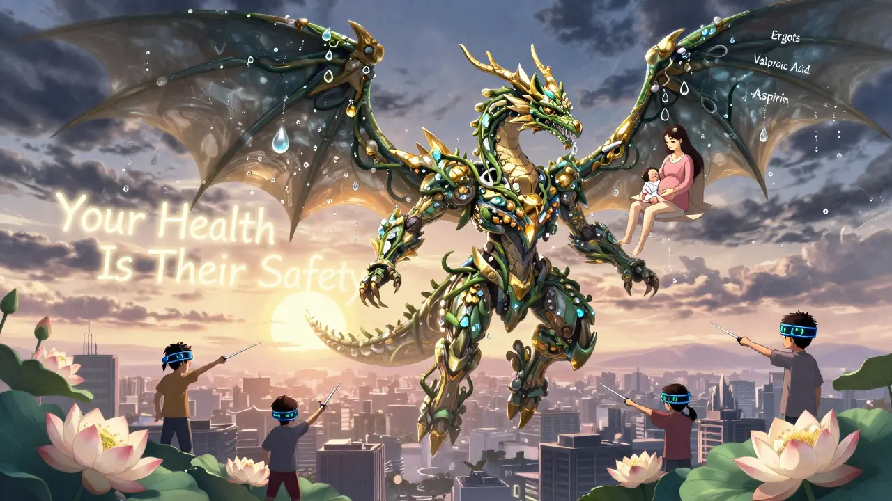A magnesium-and-vine mecha dragon protects mother and baby from dangerous migraine triggers, transforming pain into lotus flowers.