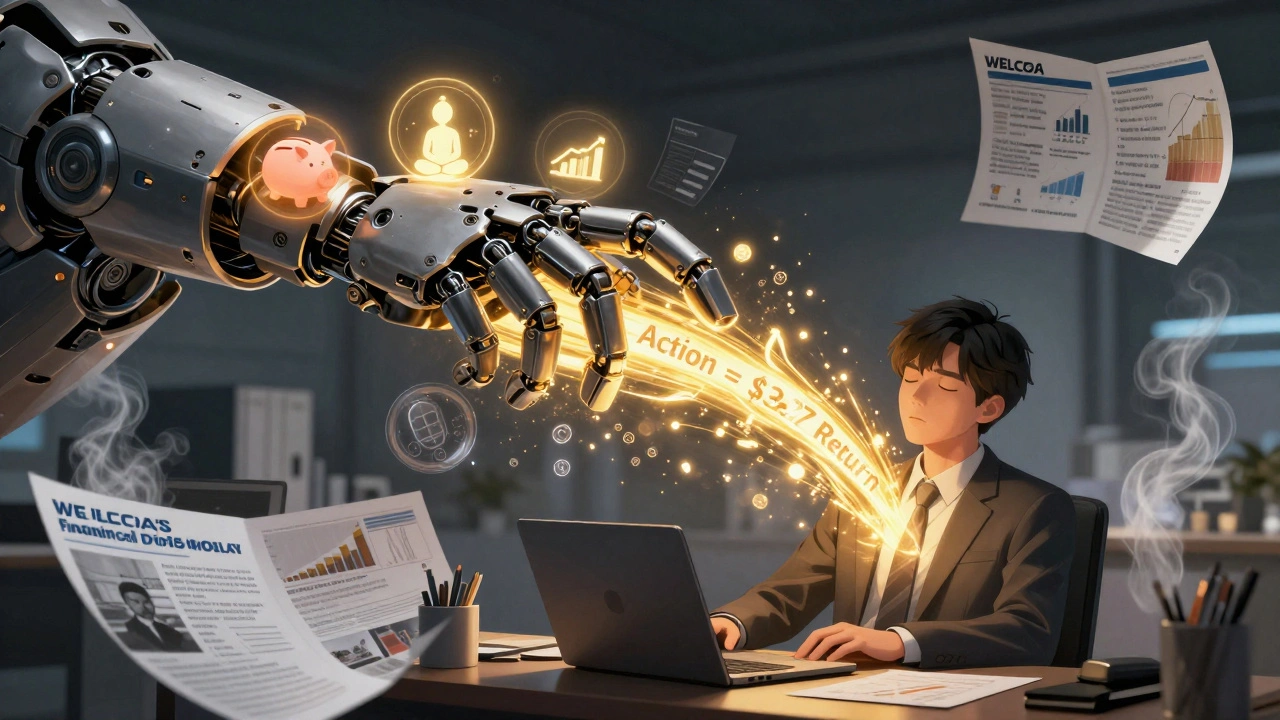 A mechanical arm made of wellness dimensions shines light on an employee, transforming generic messages into personal benefits.