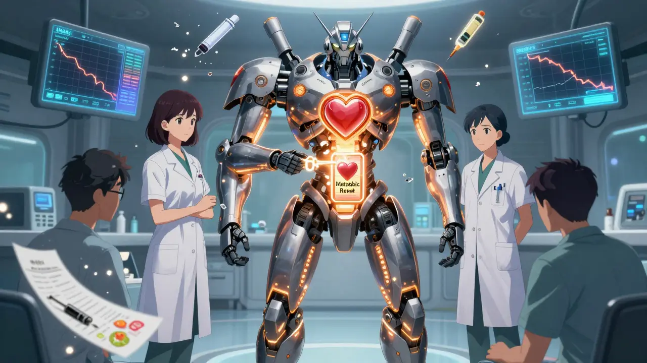 A medical team as a unified mecha unit inserting a 'Lifelong Care' key into a patient's spine to activate metabolic reset.