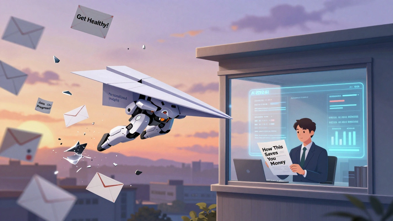 A paper airplane mecha destroys generic emails as it delivers a simple PDF showing direct financial savings.