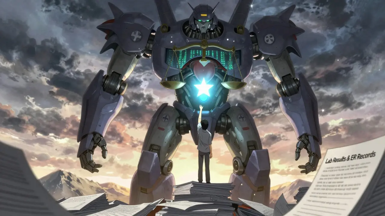 A patient climbing a giant tribunal mech to reach a glowing brand-name medication in its chest.