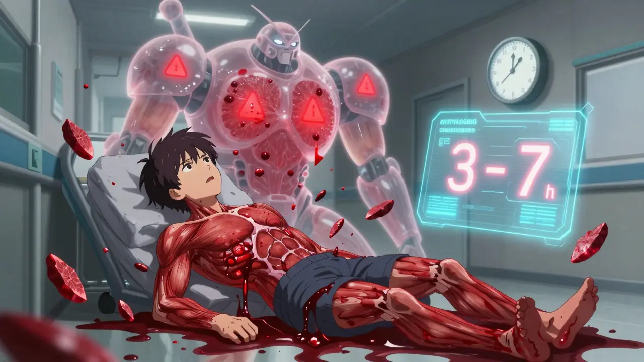 A patient collapsing as muscle damage glows crimson, with a holographic countdown and looming grapefruit mech in the background.