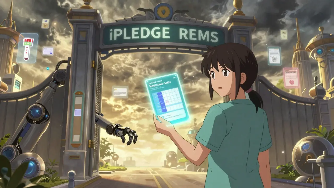 A patient facing a digital REMS gate, holding a glowing Medication Guide with health alerts.