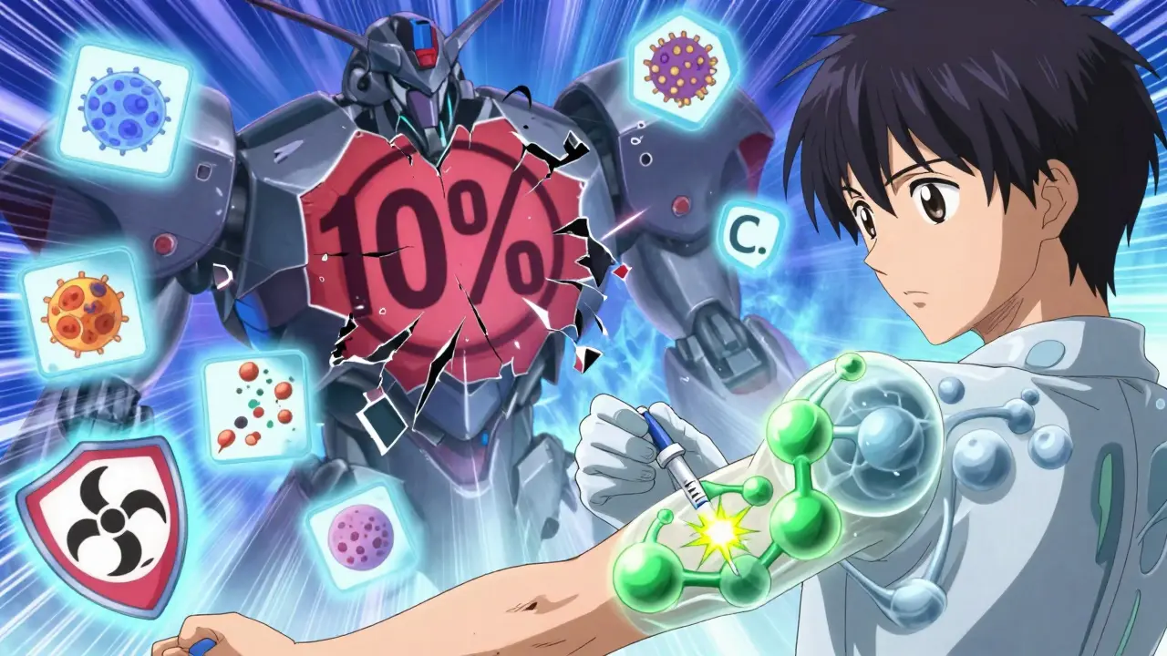 A patient receiving ceftriaxone as molecular armor forms, with a shattered 10% myth label in the background.
