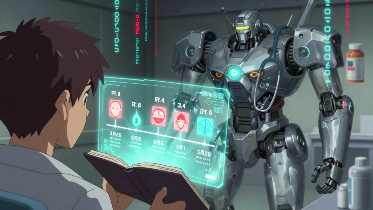 A patient views a holographic timeline of side effects while a robotic doctor scans their bio-signs.