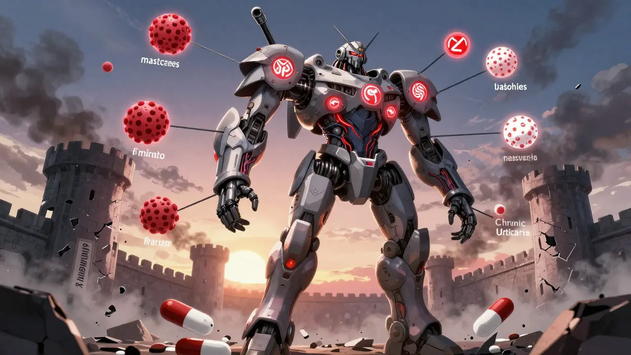 A powerful BTK inhibitor mech destroying a fortress of chronic urticaria at dawn.