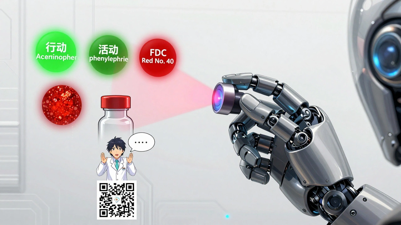 A robotic hand scans a pill bottle, projecting active ingredients as colored holograms.