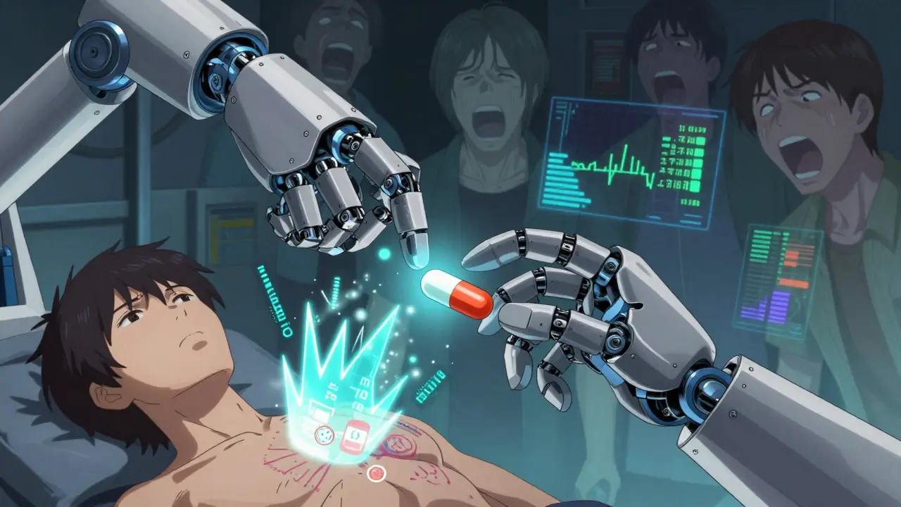 A robotic hand swaps a branded pill for a generic one, while patient bio-signals destabilize into jagged red spikes.